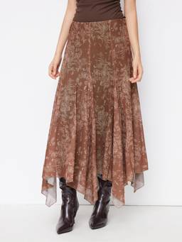 Cider - Mesh Women's Aztec Print Mid-Rise Asymmetrical Maxi Skirt Brown