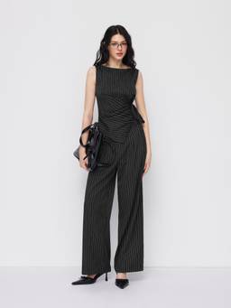 Cider - Striped Women's Boat Neck Wrap Top & Straight Trousers Co-ord Black