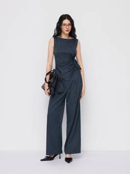 Cider - Striped Women's Boat Neck Wrap Co-ord Set Dark Grey
