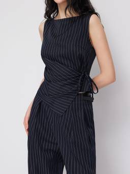 Cider - Striped Women's Boat Neck Wrap Top Co-ord Set Navy Blue
