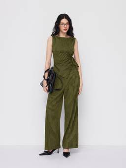 Cider - Striped Women's Boat Neck Wrap Top Co-ord Set Olive