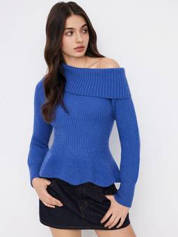 Cider - Knit Women's Asymmetrical Neck Ruffle Hem Top Blue