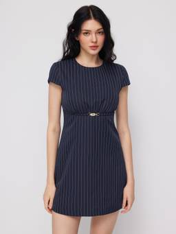 Cider - Striped Chain Detail Women's Round Neck Mini Dress Navy Blue