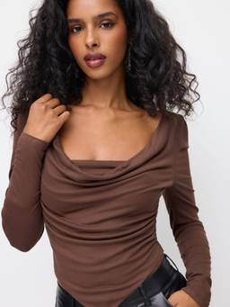 Cider - Ruched Women’s Cowl Neck Hanky Hem Top Coffee
