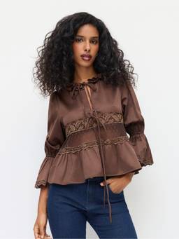 Cider - Lace Tie-Front Women’s Round Neck Blouse Coffee