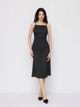 Cider - Ruched Women's Sleeveless Square Neck Midi Slip Dress Black