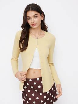 Cider - Rib Knit Women's Asymmetrical Button-Up Cardigan Yellow