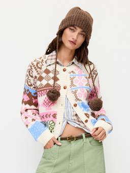 Cider - Fish Knit Women’s Oversized Button-Up Cardigan Cream