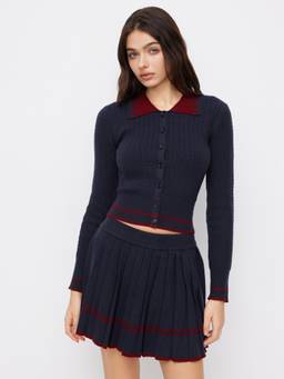 Cider - Cable Knit Women's Button Front Collar Top Navy Blue