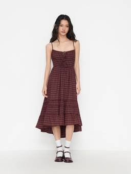 Cider - Cotton Blend Women Tie-Front Checked Maxi Dress Burgundy