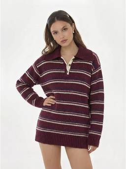 Cider - Striped Women's Oversized Polo Collar Pullover Sweater Brown