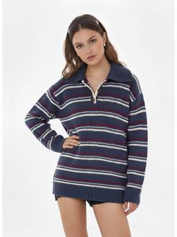 Cider - Knit Wool-Blend Women’s Striped Polo Collar Oversized Sweater Navy Blue