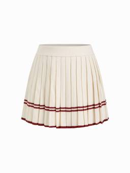 Cider - Knit Striped Women’s Pleated Mid-Rise Mini Skirt Cream