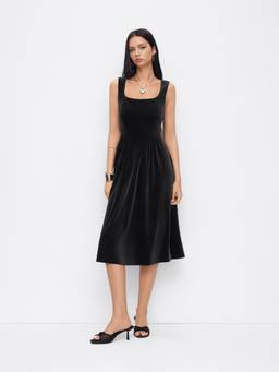 Cider - Velvet Square Neck Corset Lace-Up Midi Dress Black
