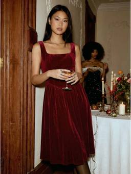 Cider - Velvet Women's Square Neck Corset Lace-Up Midi Dress Wine