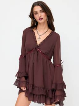 Cider - Chiffon Women's V-Neck Ruffle Mini Dress Brown