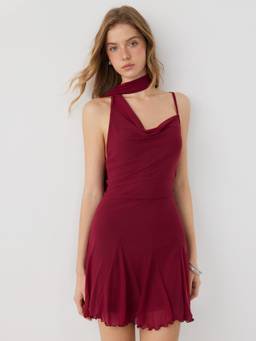 Cider - Mesh Women's Halter Ruched Ruffle Hem Mini Dress Burgundy