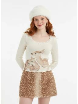 Cider - Deer Graphic Women's Lace Trim Scoop Neck Tee Beige