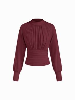 Cider - Ruched Cinched Waist Women's High Neck Blouse Wine