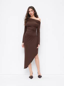 Cider - Ruched Women Asymmetrical Neck Maxi Dress Brown