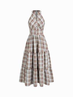 Cider - Plaid Women's Halter Neck Tiered Ruffle Midi Dress Blue