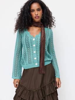 Cider - Hollow Knit Women’s V-Neck Button-Up Cardigan Emerald Green