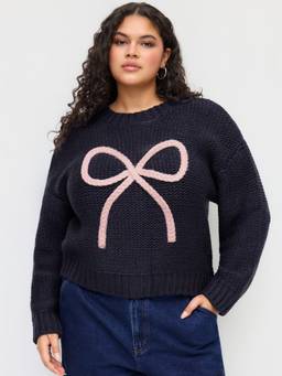 Cider - Knit Crochet Women Bow Motif Oversized Sweater Top Navy Blue