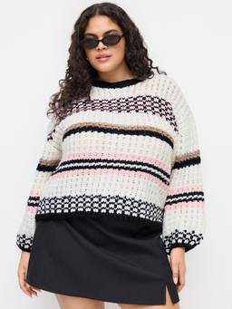 Cider - Knit Women’s Oversized Striped Round Neck Sweater White