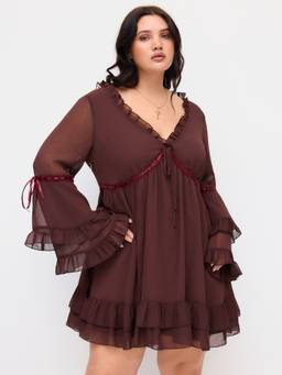 Cider - Chiffon Women's V-Neck Ruffle Bow Mini Dress Coffee