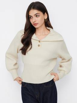 Cider - Wool-Blend Women's Collared Button Cinched Waist Top Beige