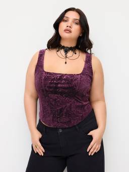 Cider - Velvet Square Neck Women's Floral Slim Tank Top Purple