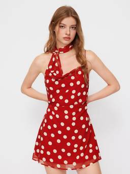 Cider - Chiffon Women's Polka Dot Ruched Cowl Neck Mini Dress Red
