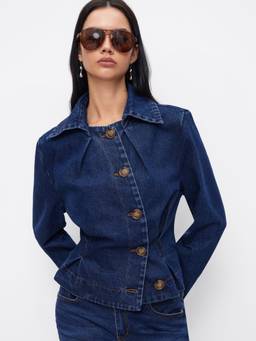 Cider - Denim Women's Asymmetrical Button Cinched Waist Jacket Dark Navy