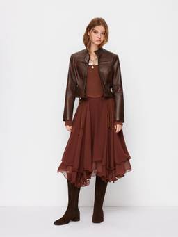 Cider - Chiffon Women's Layered Ruffle Mid-Rise Midi Skirt Brown