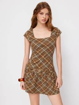 Cider - Plaid Women's Square Neck Belted Mini Dress Brown
