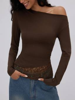 Cider - Contrasting Lace Women Ruched Asymmetrical Neck Top Brown
