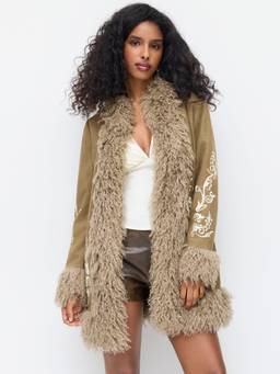 Cider - Velvet Collar Women Faux Fur Trim Graphic Coat Olive