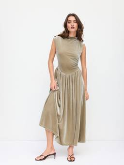Cider - Velvet Women's Ruched Ruffle Stand Collar Maxi Dress Olive
