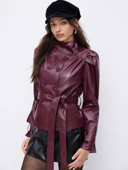 Cider - Faux Leather Women's Belted Double Breasted Shacket Burgundy