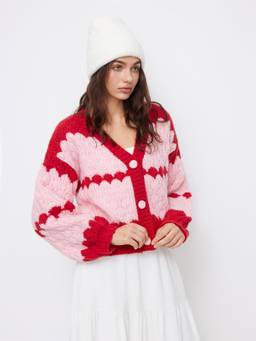 Cider - Knit Crochet Women’s Oversized V-Neck Button Cardigan Red