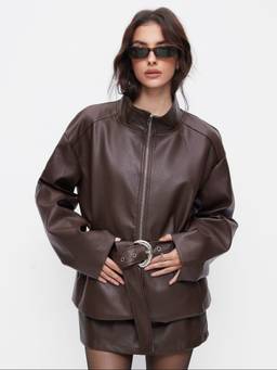 Cider - Faux Leather Women Stand Collar Belted Zip Jacket Brown