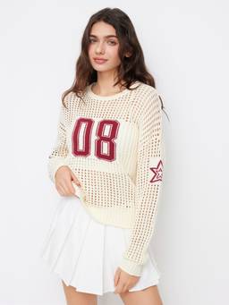 Cider - Knit Crochet Women’s Graphic Hollow Out Oversized Top Cream