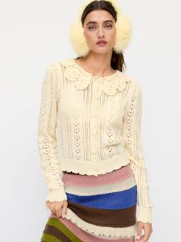 Cider - Crochet Women Heart Hollow-Out Peter Pan Collar Cardigan Beige