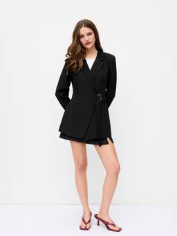 Cider - Solid Women's Belted Metal Detail Longline Blazer Black