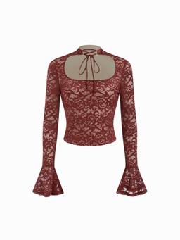 Cider - Lace Women's Cut-Out Tie-Up Neck Crop Top Burgundy