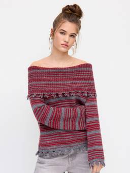 Cider - Knit Striped Women Off-Shoulder Raw Hem Oversized Top Wine