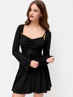 Cider - Ruched Ruffle Hem Women's Square Neck Cami Mini Dress Black