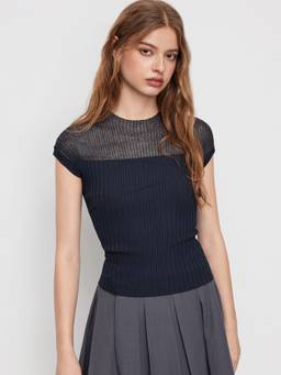 Cider - Knit Women’s Lettuce Trim Round Neck Top Navy Blue