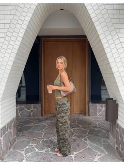 Cider - Cotton Blend Women U-Neck Cami & Camo Straight Co-ord Set Olive