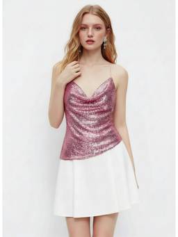 Cider - Sequin Women's Cowl Neck Lace-Up Asymmetrical Crop Top Pink